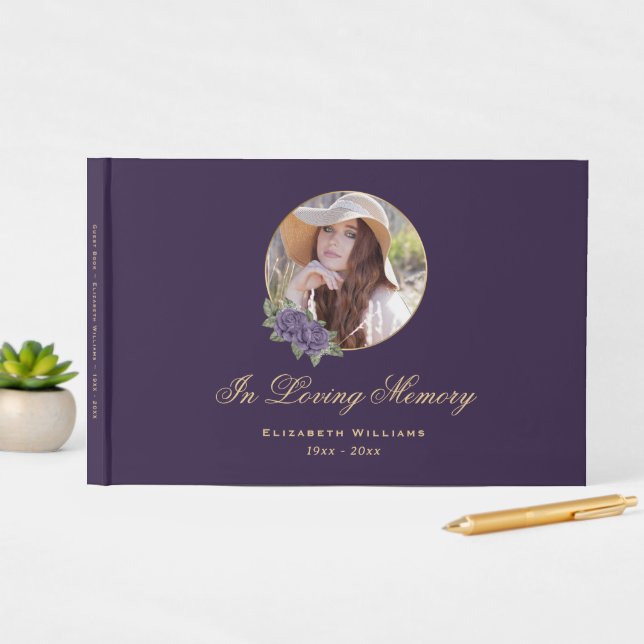 Purple Gold Floral Memorial Funeral Photo Guest Book (InSitu Display)