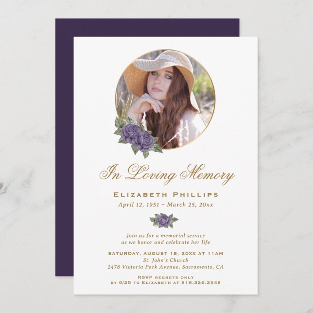 Purple Gold Floral Memorial Service Funeral Photo Invitation (Front/Back)