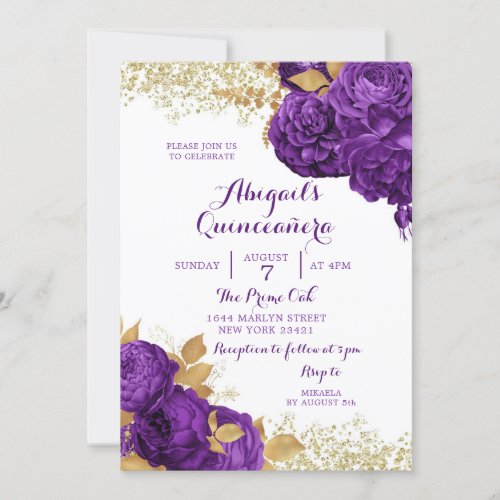 Purple Gold Floral Mexican Quinceaera Invitation