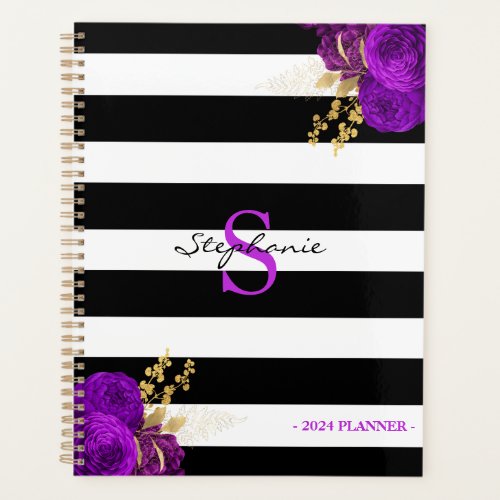 Purple Gold Floral Monogram Black Stripes 2024 Planner