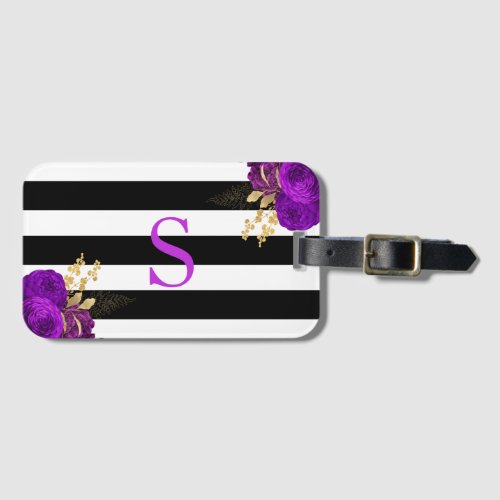 Purple Gold Floral Monogram Black White Stripes Luggage Tag