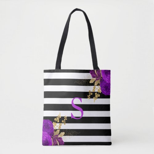 Purple Gold Floral Monogram Black White Stripes Tote Bag