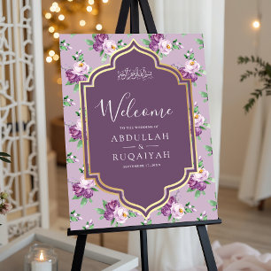 Purple Gold Floral Muslim Wedding Welcome Sign