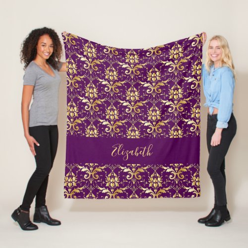 Purple gold floral name script fleece blanket