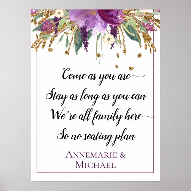 Purple Gold Floral No Seating Plan Wedding Sign (Front)