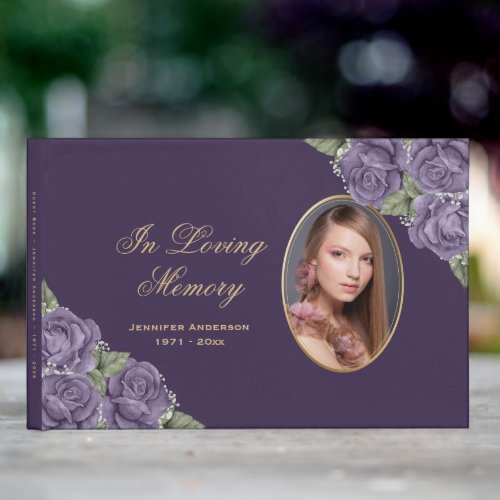 Purple Gold Floral Photo Memorial Funeral Guest Book