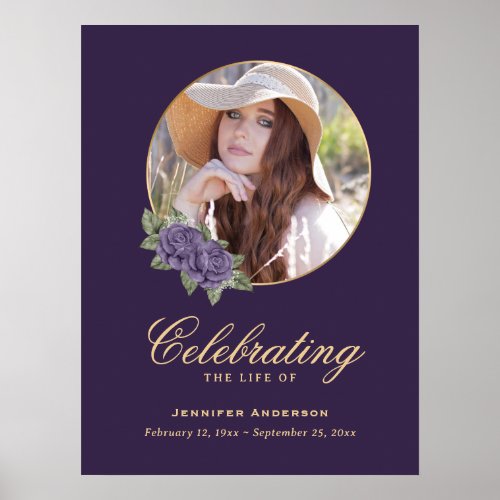 Purple Gold Floral Photo Memorial Funeral Sign