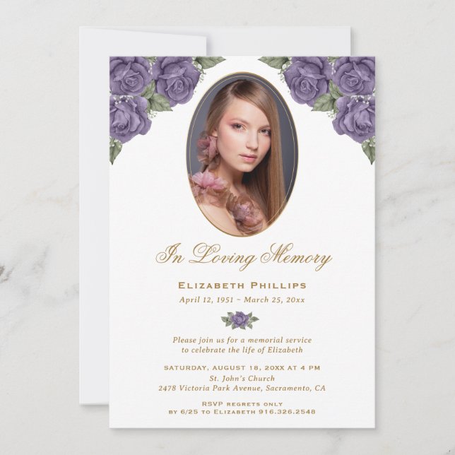 Purple Gold Floral Photo Memorial Service Invitation (Front)