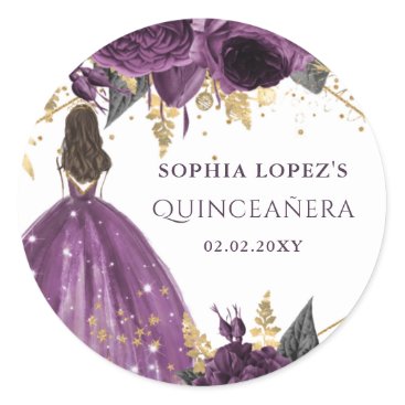 Purple Gold Floral Princess Quinceanera   Classic Round Sticker