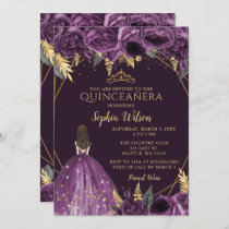 Purple Gold Floral Princess Quinceañera  Invitatio Invitation