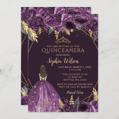 Purple Gold Floral Princess Quinceaera  Invitatio Invitation