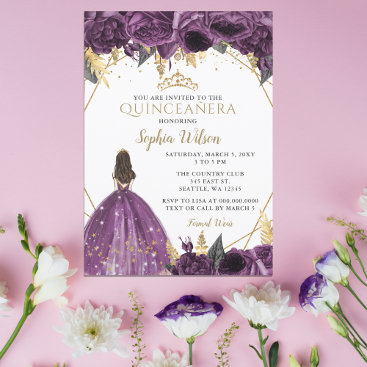 Purple Gold Floral Princess Quinceañera  Invitatio Invitation