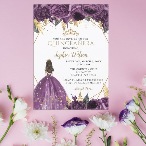 Purple Gold Floral Princess Quinceaera  Invitatio Invitation