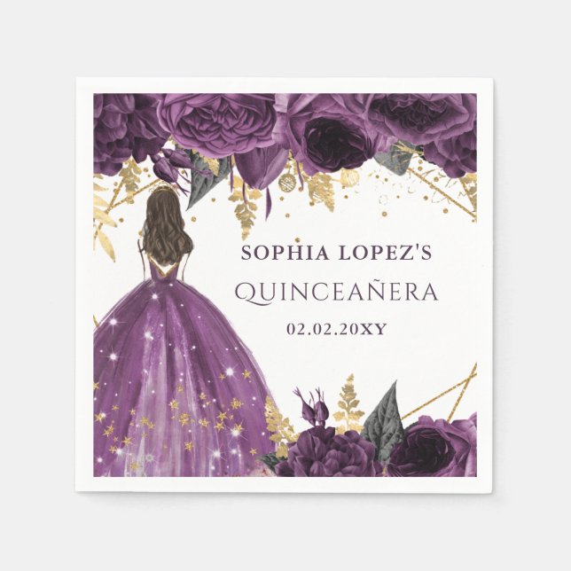 Purple Gold Floral Princess Quinceanera  Napkins (Front)