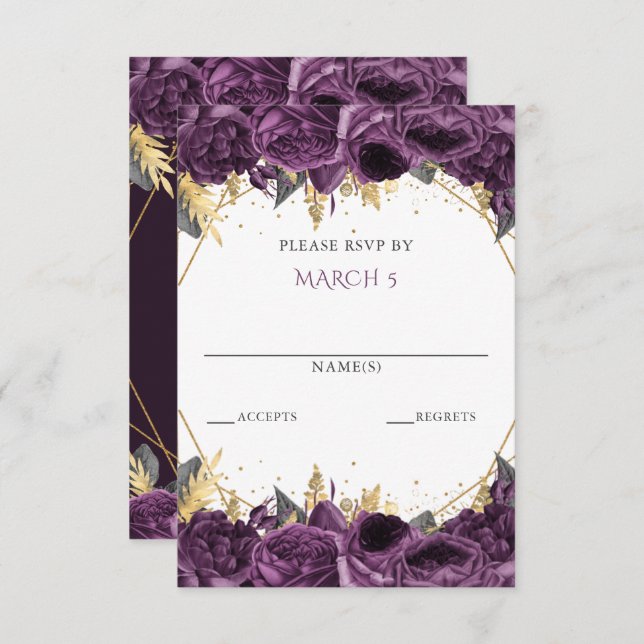 Purple Gold Floral Princess Quinceanera RSVP Card (Front/Back)