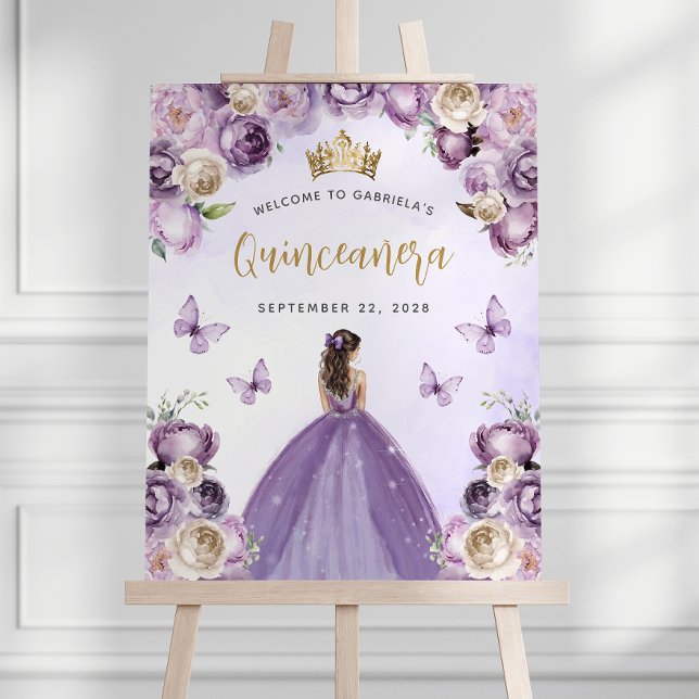Purple Gold Floral Princess Quinceañera Welcome Foam Board (Creator Uploaded)