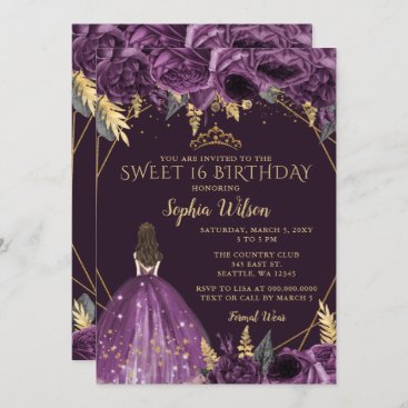 Purple Gold Floral Princess Sweet 16 Invitation