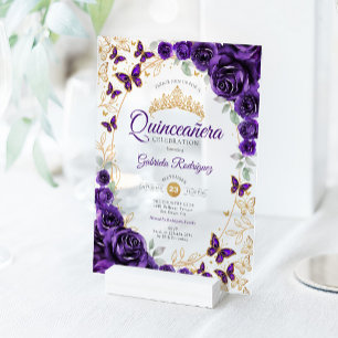 Purple Gold Floral Quinceanera Acrylic Invitations