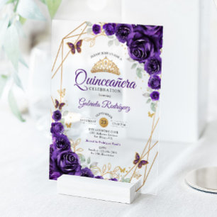 Purple Gold Floral Quinceanera Acrylic Invitations