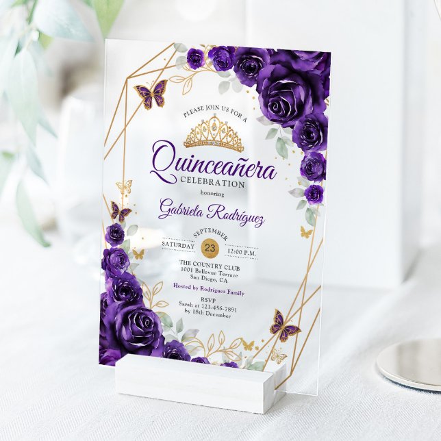 Purple Gold Floral Quinceanera Acrylic Invitations (Creator Uploaded)