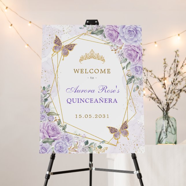Purple Gold Floral Quinceanera Birthday Welcome Foam Board (In Situ (Stand))