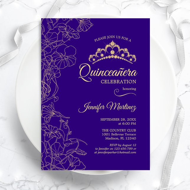 Purple Gold Floral Quinceanera Party Invitation (Creator Uploaded)