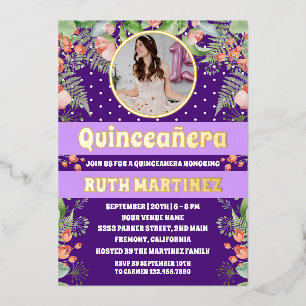 Purple Gold Floral Quinceanera Party Photo Foil Invitation