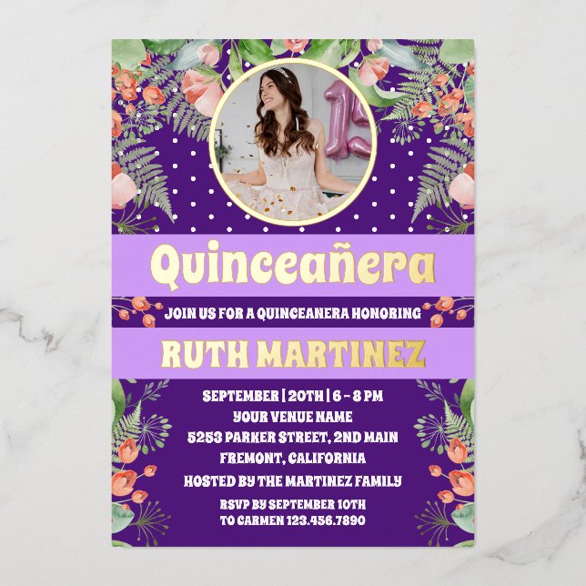 Purple Gold Floral Quinceanera Party Photo Foil Invitation (Front)