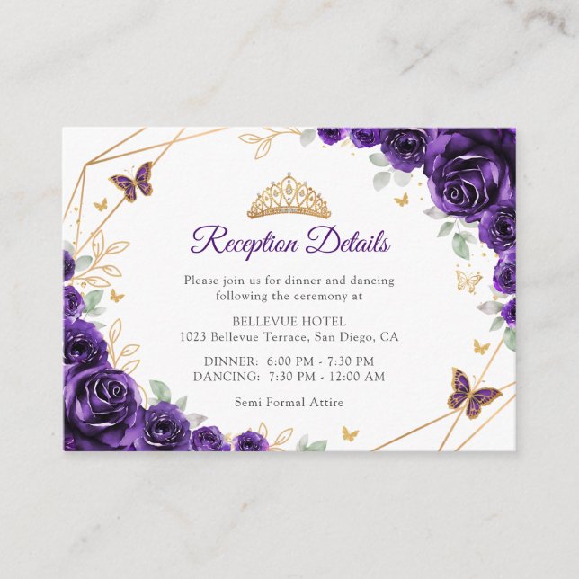 Purple Gold Floral Quinceanera Reception Details Enclosure Card (Front)