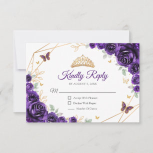 Purple Gold Floral Quinceanera Reply RSVP Card