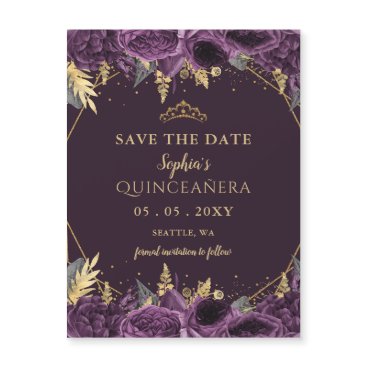 Purple Gold Floral Quinceañera  Save the Date