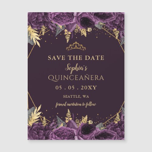 Purple Gold Floral Quinceaera  Save the Date