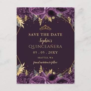 Purple Gold Floral Quinceañera  Save the Date Announcement Postcard