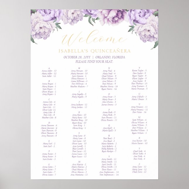 Purple & Gold Floral Quinceañera Seating Chart (Front)