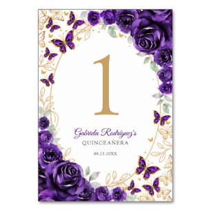 Purple Gold Floral Quinceanera Table Number