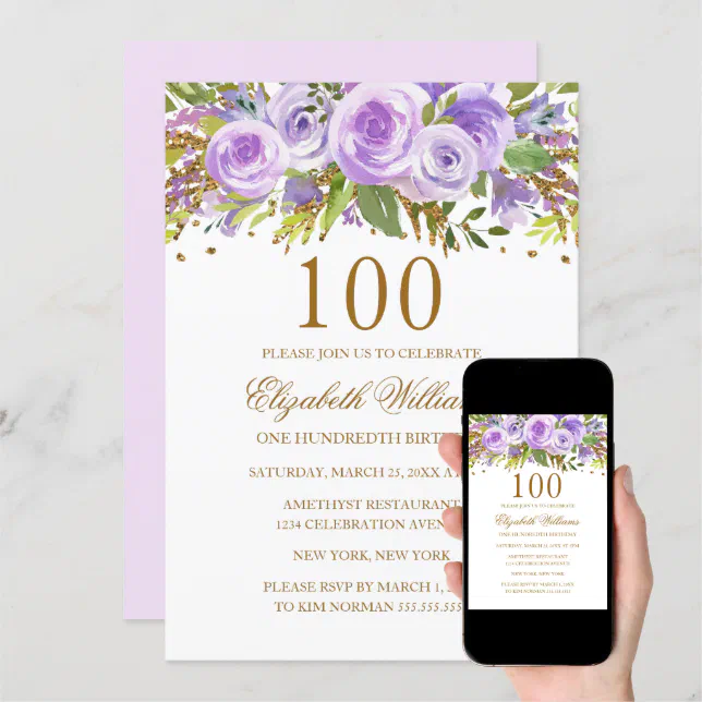 Purple Gold Floral Rose 100th Birthday Invitation | Zazzle