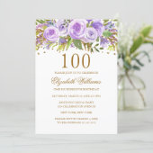 Purple Gold Floral Rose 100th Birthday Invitation (Standing Front)