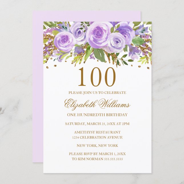 Purple Gold Floral Rose 100th Birthday Invitation (Front/Back)