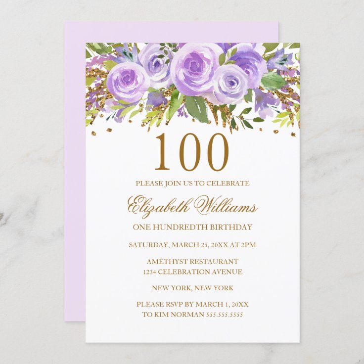 Purple Gold Floral Rose 100th Birthday Invitation | Zazzle