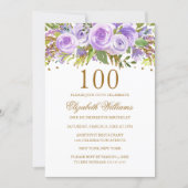 Purple Gold Floral Rose 100th Birthday Invitation (Front)