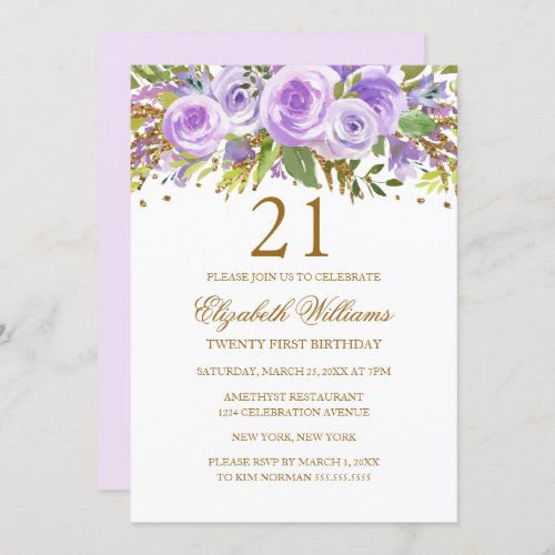 Purple Gold Floral Rose 21st Birthday Invitation