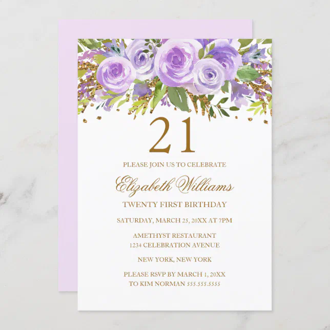 Purple Gold Floral Rose 21st Birthday Invitation | Zazzle