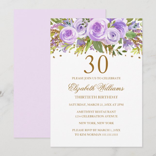 Purple Gold Floral Rose 30th Birthday Invitation (Front/Back)
