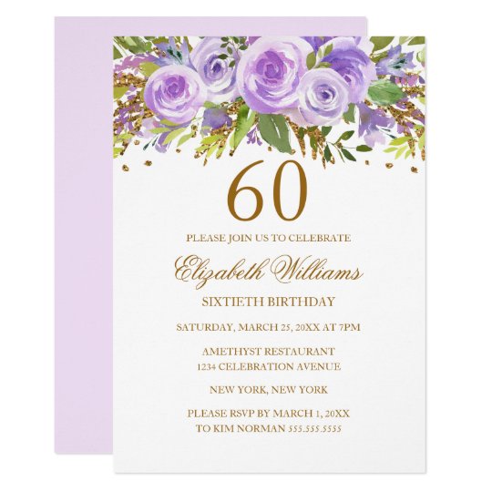 Purple Gold Floral Rose 60th Birthday Invitation | Zazzle.com