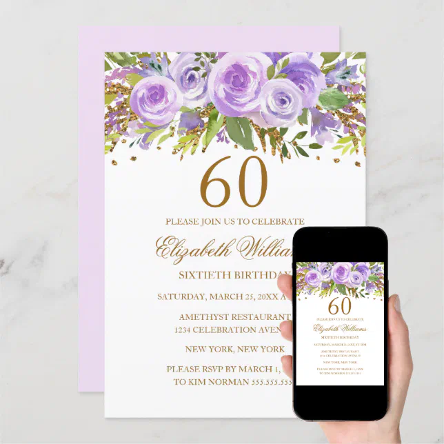 Purple Gold Floral Rose 60th Birthday Invitation | Zazzle