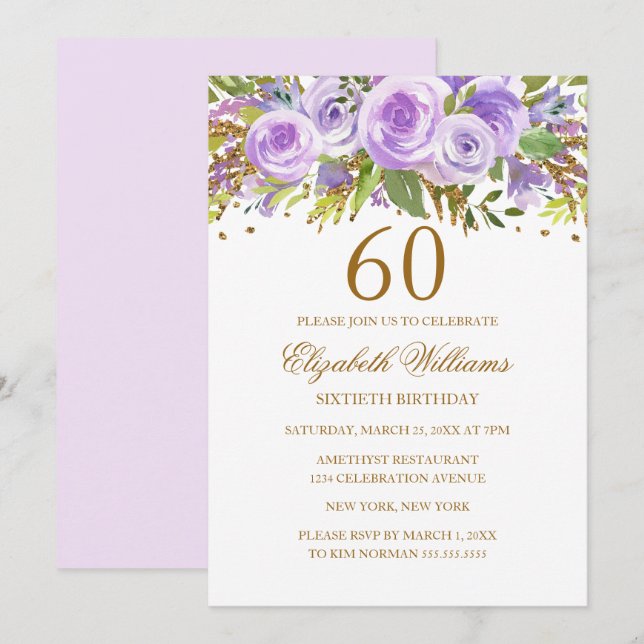 Purple Gold Floral Rose 60th Birthday Invitation (Front/Back)