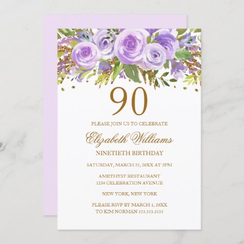 Purple Gold Floral Rose 90th Birthday Invitation