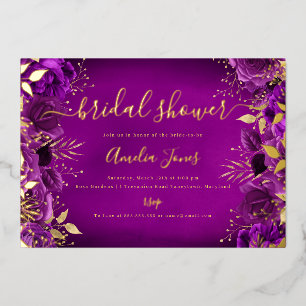 Purple Gold Floral Rose Bridal Shower Foil Invitation