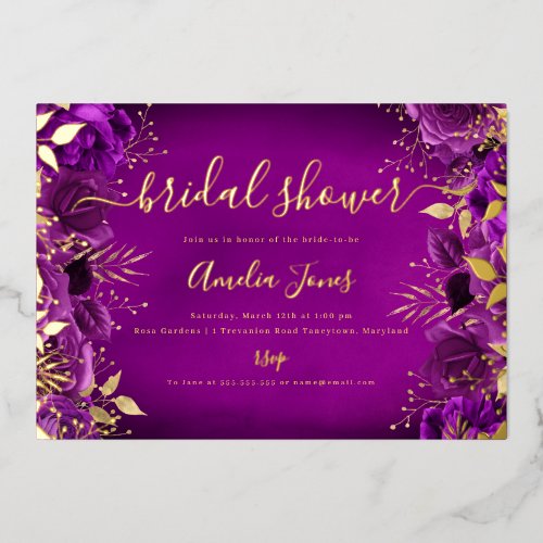 Purple Gold Floral Rose Bridal Shower Foil Invitation