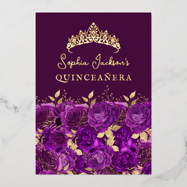 Purple Gold Floral Rose Quinceanera Foil Invitation (Front)